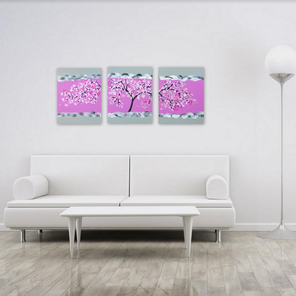 cherry blossom art, cherry blossom painting, japanese cherry blossom, pink and grey, painting, paintings, in, grey and pink, from, australia