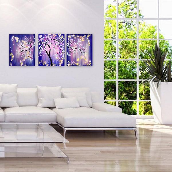 japanese cherry blossom, purple paintings, triptych, on 3 canvases, wall art, with, pink and purple, on canvas, canvas paintings, Australian
