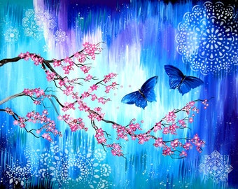 japanese cherry blossom, with butterflies, sakura painting, on canvas, cherry blossom canvas painting, cherry blossom painting, 40" x 30"