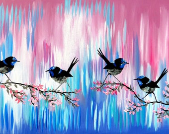 pink and blue paintings, pink and blue painting, pink painting, with birds, bird prints, original bird paintings,paintings of birds, 36"x24"