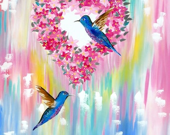 cherry blossom painting, cherry blossom paintings,romantic gift, romantic gifts, pastel, pastels, hummingbird, hummingbirds, 2 birds,36"x24"