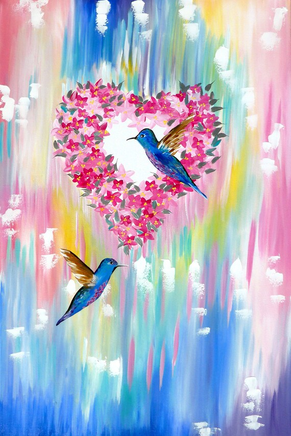 Humming Bird Cherry Blossoms Watercolor Painting Art Print by Artist DJ Rogers
