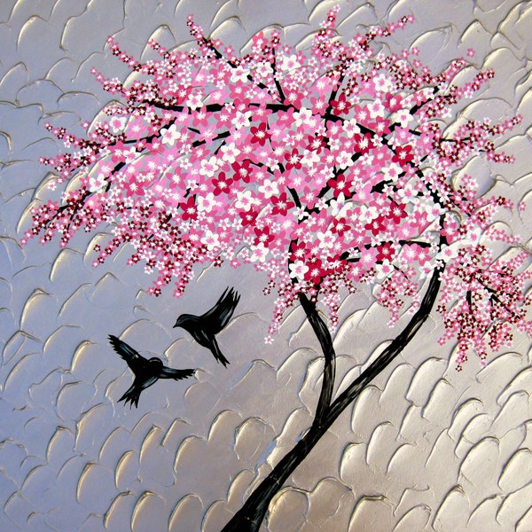 cherry blossom painting, huge painting, large painting, with birds, japanese art, made in australia, australian art, 36"x36" , 91cm x 91cm