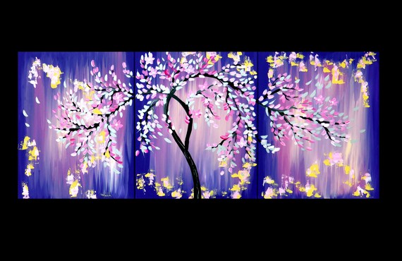 Peintures De Fleurs De Cerisier Japonais Violet Triptyque 3 Toiles Art Mural Rose Et Violet Sur Toile Peintures Sur Toile Australie