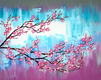 large painting, from australia, with cherry blossoms, cherry blossom painting, australian art, australian artist, australian artists,36"x24"