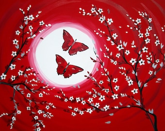 paintings from australia, red paintings, red and black art, red and black paintings, red art, with cherry blossoms, canvas art, 70cm x 50cm