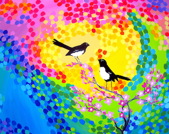 art from australia, gifts from australia, gift from australia, for wife, wagtails, art, willie, willy, wagtail, bright art, wall, 30"x23.5"