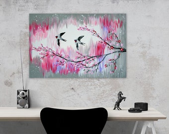 swallows, pink and grey art, grey and pink art, pink paintings, pink painting, pink and grey canvas, pink canvas, pink canvases, art,36"x24"