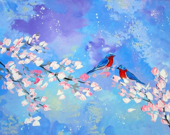 bluebirds, blue birds, paintings with, cherry blossom, cherry blossoms, birds, lovebirds, love birds, blue art, blue painting, art,90cmx60cm