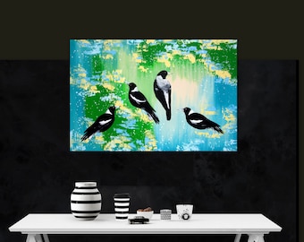 magpies, magpie, australian magpie, australian magpies, green painting, green paintings, paintings of magpies, art from australia, 36" x 24"