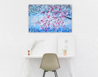 abstract art, with flowers, blue art,  cherry blossom paintings, grey art, textured art, prints with cherry blossoms,from Australia,36"x24"