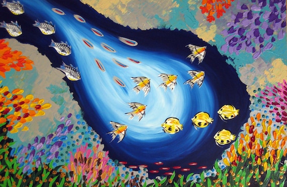 魚の絵、魚の絵、海のアート、海の絵、ビーチハウスのアート