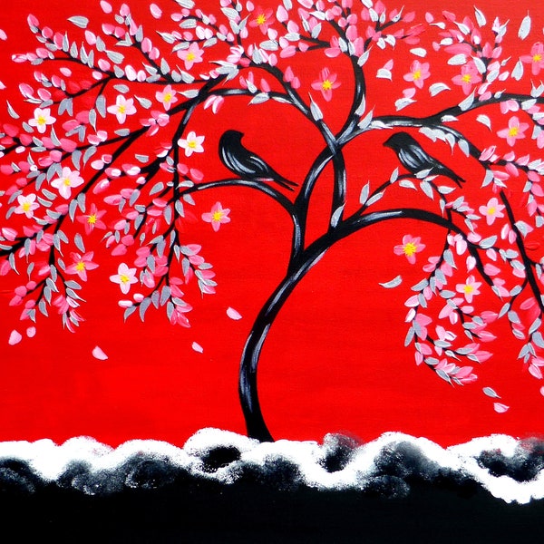 red painting, red paintings, crimson, scarlet, bright, silver, grey, gray, asian, style, art, on canvas, large, tree of life, black,36"x24"