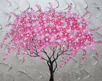 cherry blossom painting, cherry blossom paintings, cherry blossom art, cherry blossoms, pink painting, pink paintings, pink and gray,36"x24"