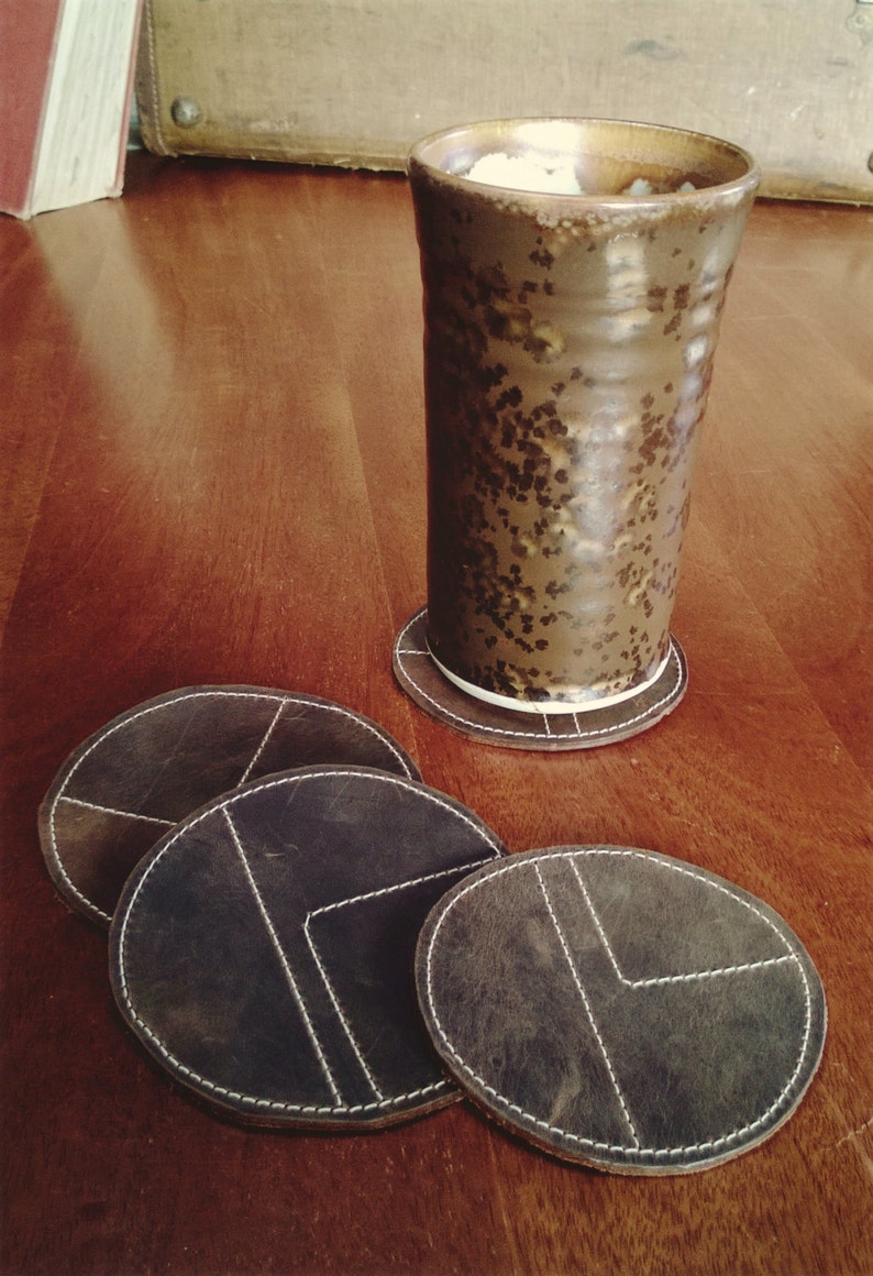 Leather coasters contrast stitching retro coasters Etsy