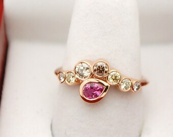 Bague poire et saphir/bague champagne 18 carats diamant bague mauvais oeil bague de créateur en or rose 18 carats fabriquée au Canada bague en diamant de source éthique