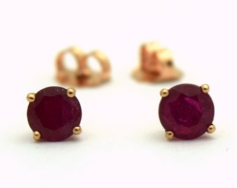 Dark Ruby studs 14kt yellow gold/4mm studs/Double gallery deep red ruby studs 100% natural gemstones/stud earrings dark wine color Ruby