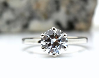 Diamond Engagement Ring 14KT white gold/Solitaire engagement ring floral 6 claws basket lab grown ring