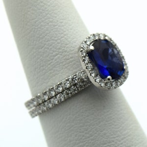 Ceylon sapphire ring & diamond engagement ring set/Natural blue ceylon sapphire/genuine deep blue sapphire diamond ring 18K white gold