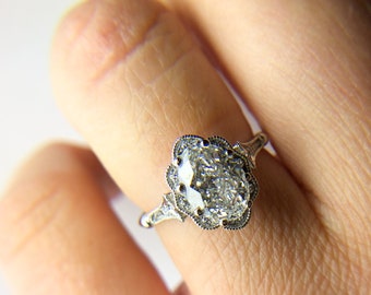 Vintage diamond Ring IN PLATINUM 1ct/Hand engraved vintage Diamond ring/Floral Halo Moissanite Diamond ring OVAL brilliant center diamond