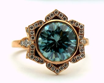 Moissanite Diamond ring 14KT white gold/blue Moissanite diamond engagement ring/Unique Moissanite Flower ring rose gold