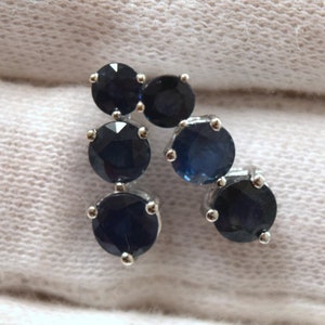 Dark Sapphire Earrings 14k white gold/Three stone journey earrings/ Minimalist sapphire earrings 3 stone earrings