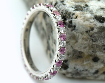 Pink Sapphire Ring 14K White gold French Pave Wedding band/Unique wedding band/Anniversary Stackable Ring/Barbie ring/Diamond ring