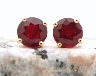 5mm Round Genuine Ruby studs 14kt yellow gold/Double gallery beautiful red ruby studs 100% natural conflict free gemstones/red stud earrings