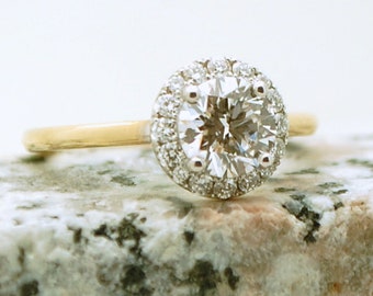 Diamond engagement ring white and yellow gold 14kt tight halo diamond ring lab grown diamond ring GIA