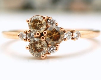 Fancy Diamond Ring 14K ROSE gold Diamond Engagement Cluster Ring Unique Diamond ring VS diamonds Heart ring