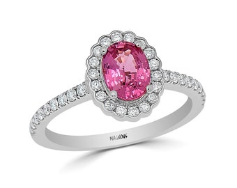Oval Pink ring sapphire diamond engagement ring/ Natural pink gemstone ring/pink sapphire halo engagement ring 14K yellow gold