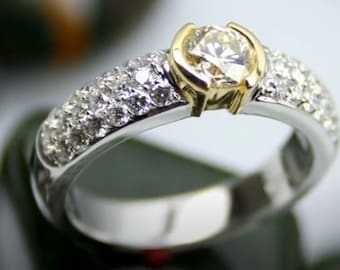 Fancy yellow Ring 18KT yellow white gold/Round fancy yellow diamond ring/Gorgeous engagement ring fancy colored diamond ring FRENCH design