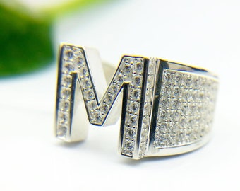 Mens diamond ring/Men's diamond ring fashionable personalized initial ring/Letter diamond ring men's wedding band 14KT white gold