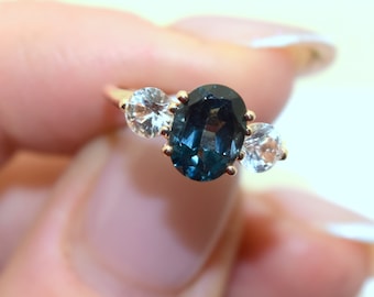 Sapphire Engagement ring rose gold 14k/Blue Green Sapphire engagement ring/Dark Blue sapphire & White sapphires engagement ring