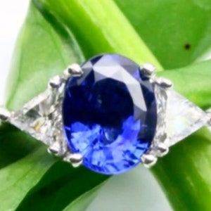 Sapphire Diamond ring/Blue sapphire engagement ring Trillion diamonds ring three stone ring 18KT gold
