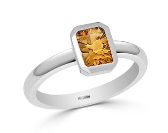 Bague solitaire en citrine en or blanc 14 carats/Bague tactile avec pierres précieuses en citrine/Bague moderne rectangulaire en brillant avec citrine de coupe concave