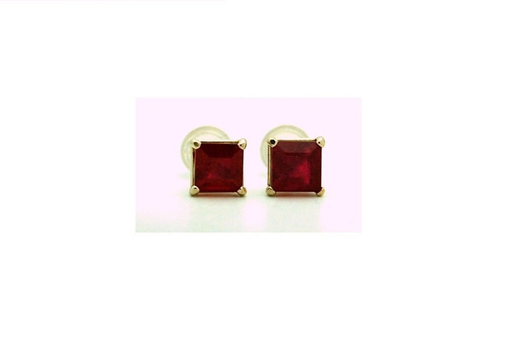 Dark Ruby Studs/genuine Dark Red Ruby Untreated Princess Cut Ruby 14KT ...