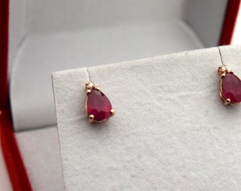 Puces d'oreilles diamants rubis/Boucles d'oreilles rubis rouge rosé naturel Or rose 14 ct/Boucles d'oreilles rubis forme goutte/Rubis naturel 100 %