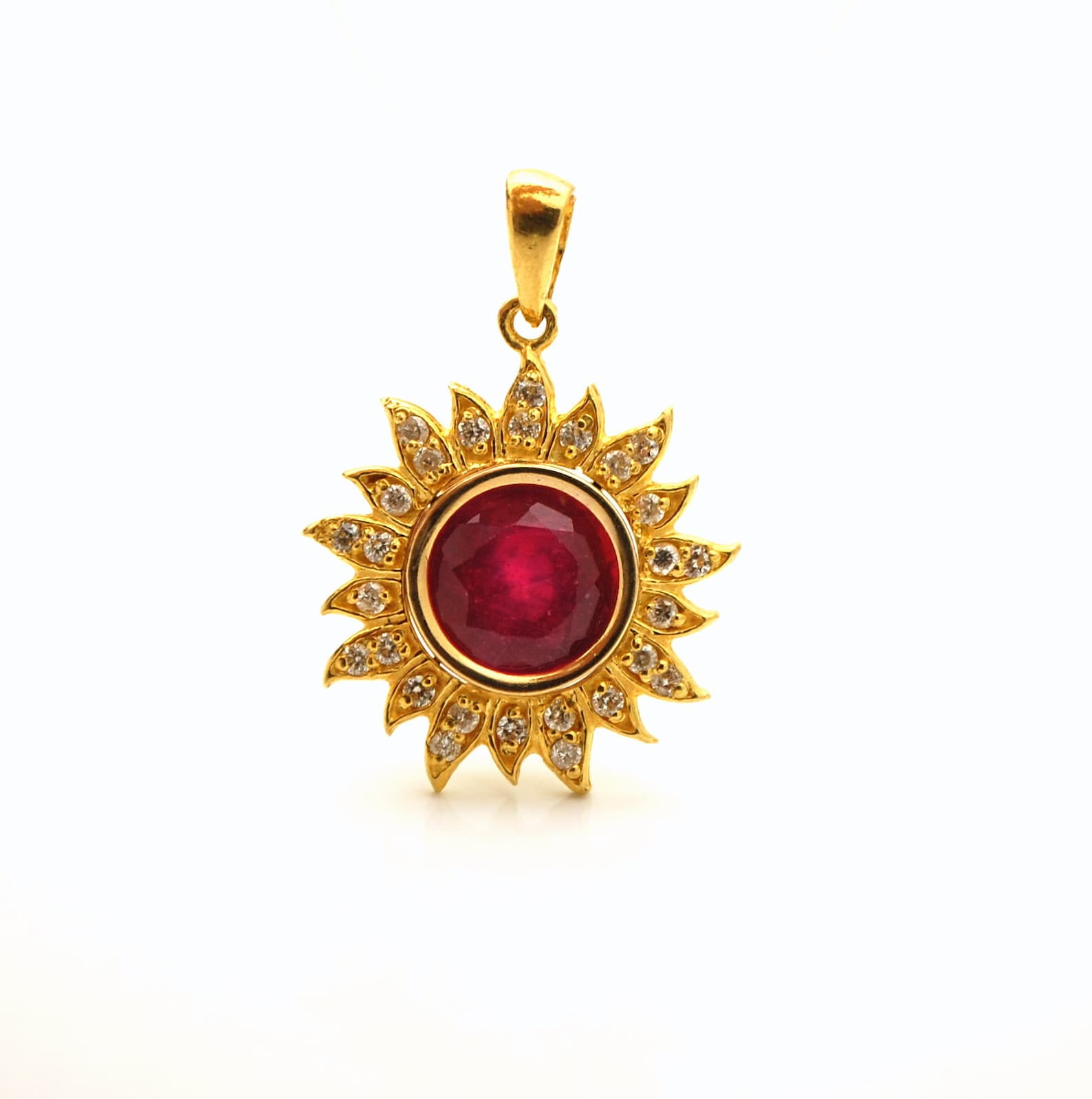 Ruby & Diamond pendant yellow gold 18k/Solid fine gold sun Etsy