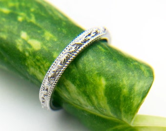 platinum engraved wedding band/Anniversary band/Stacking ring solid PLATINUM or gold comfort fit hand engraved band/Scrolls engraved