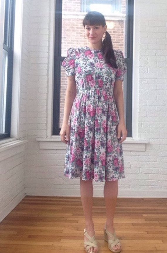 1980s Rose Print Dress