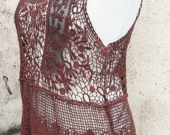 Delicate lace vintage tunic in coffee brown shade