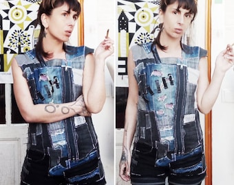 Short sleeveless upcycled overall. Eco exclusive and edgy piece.