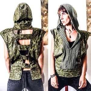 May include: A sleeveless hooded top with a snakeskin pattern and a crocheted hood. The top has a cutout back with straps.