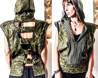 Ayahuasca tank top in greenish snake pattern vegan leather. Festival wear top with hoodie.