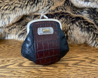 Vintage Brighton Black Leather Croc Framed Kisslock Coin Purse Pouch!