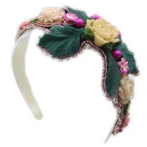 Wide headband white pink with flowers, pearls and rhinestones, hr12