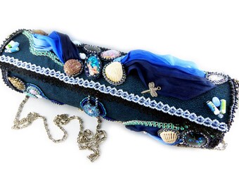 Ronde blauwe handtas, nautische tas met ketting en schelpen, ta18