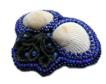 Maritime Haarspange klein, Haarschmuck blau mit Muschel und Krake