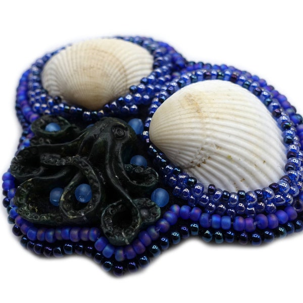 Maritime Haarspange klein, Haarschmuck blau mit Muschel und Krake